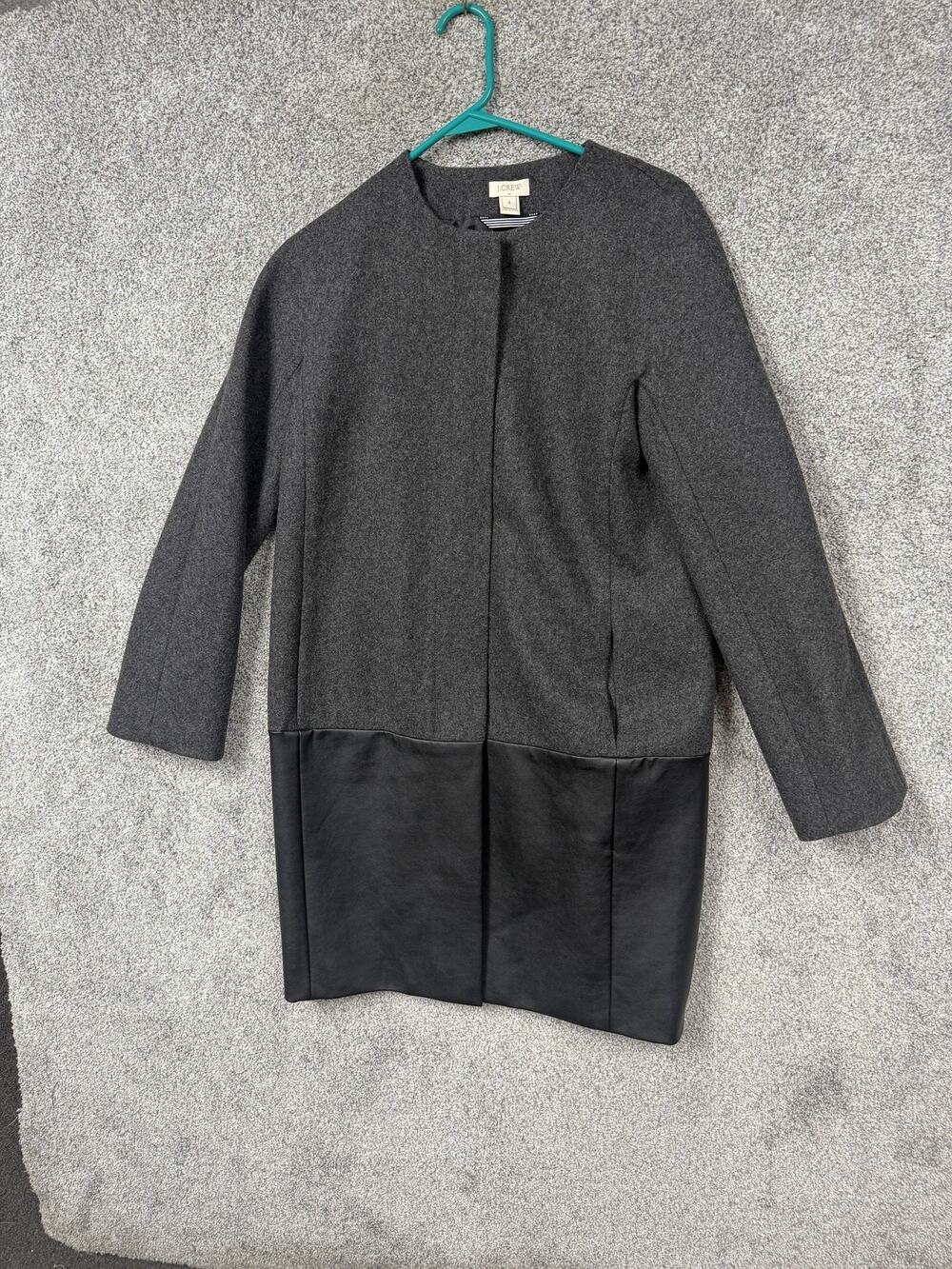 J Crew Coat Womens 4 Gray Black Wool Faux Leather Colorblock Minimalist